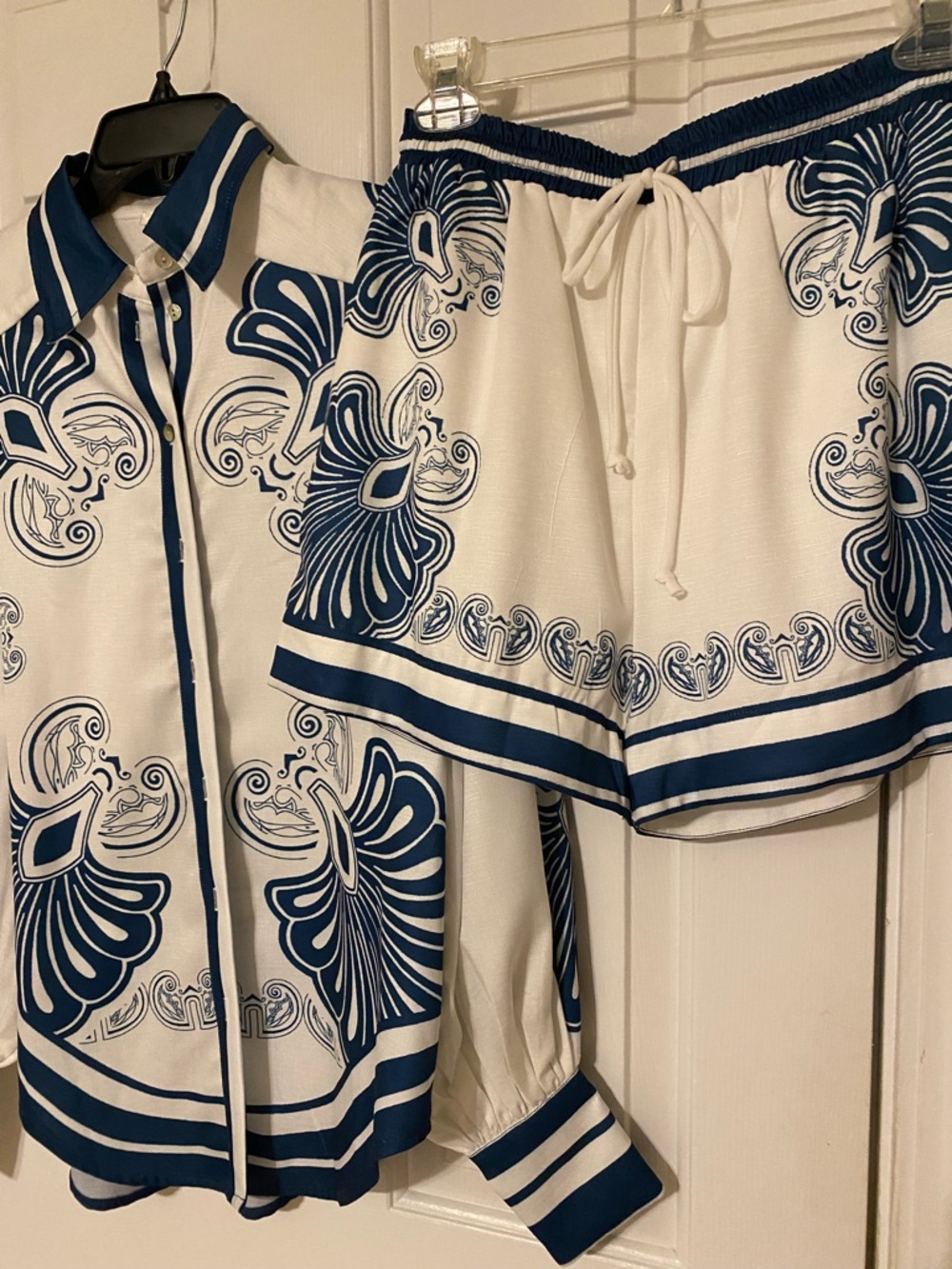 White Two-Piece Printed Shirt & Drawstring Shorts Set — Navy Floral Graphic